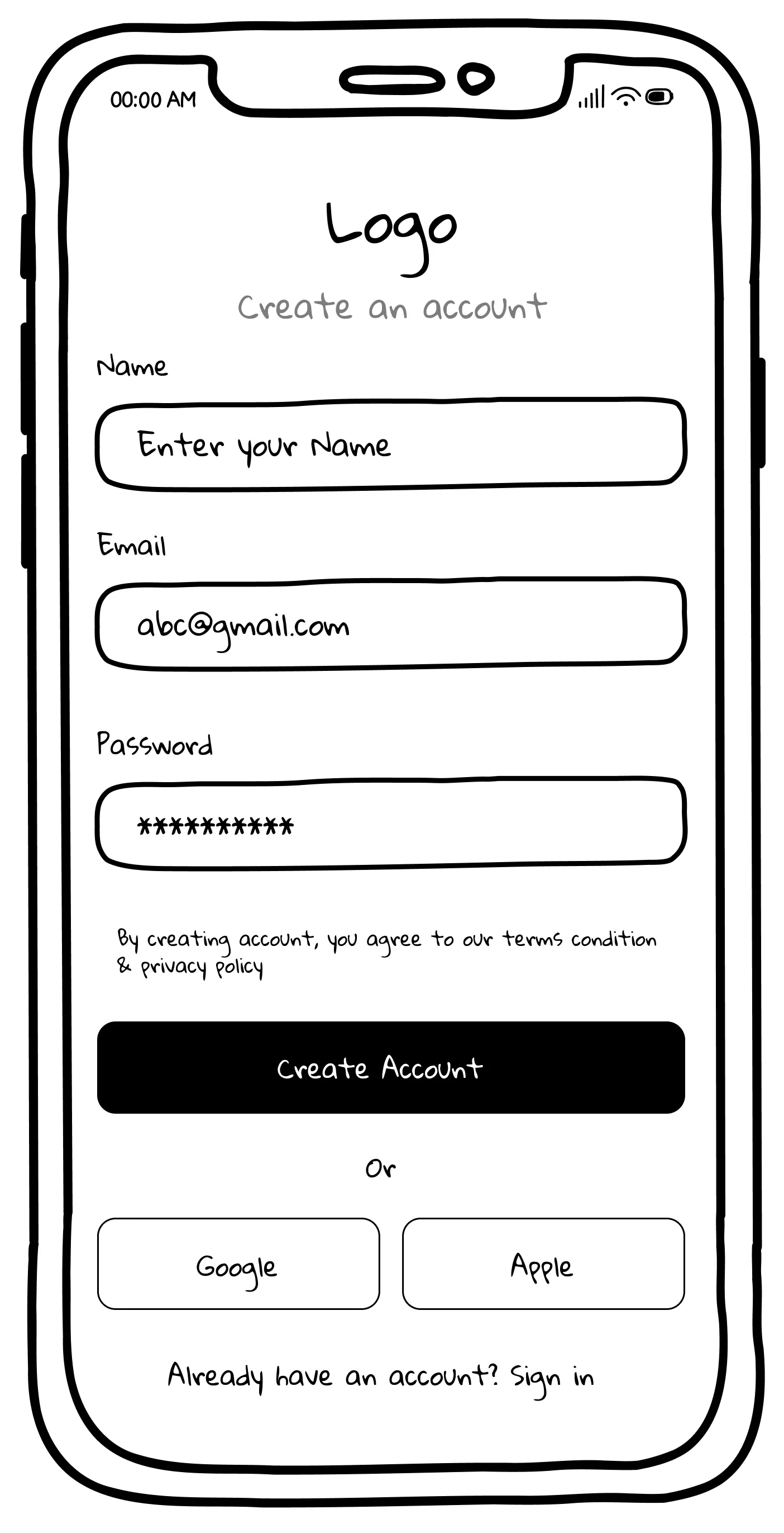 Signup Screen Wireframe