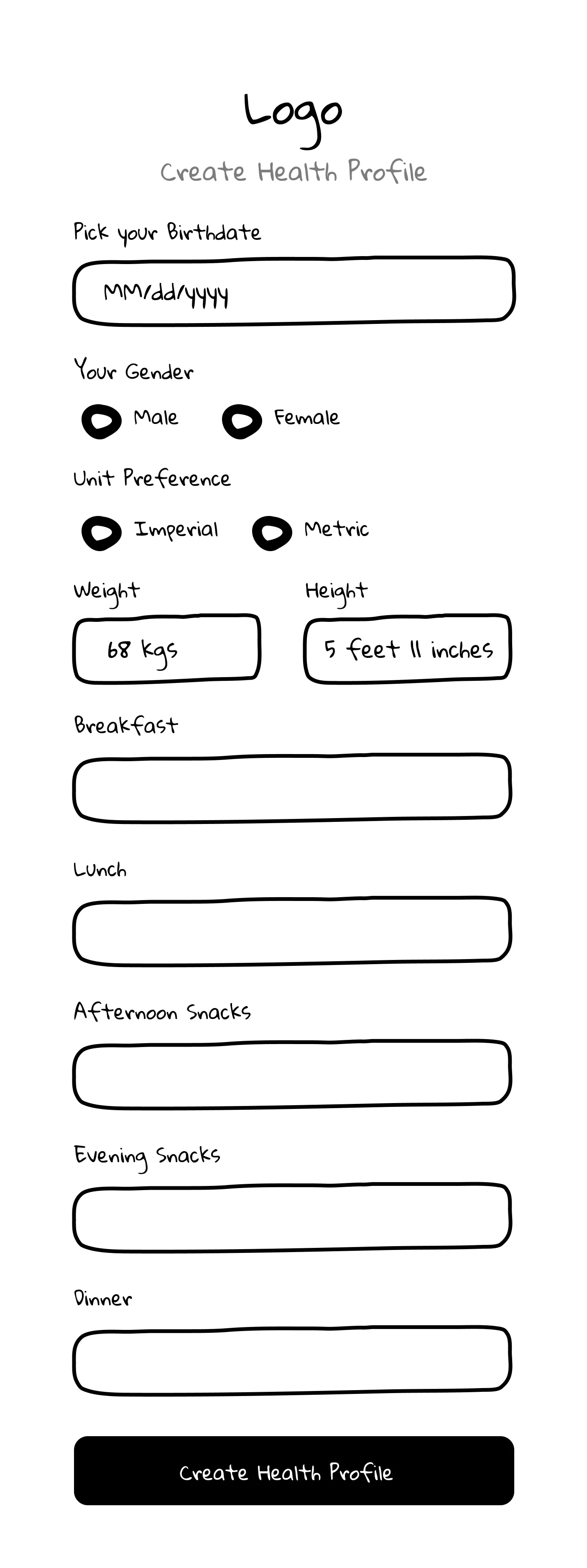 Create Health Profile Wireframe